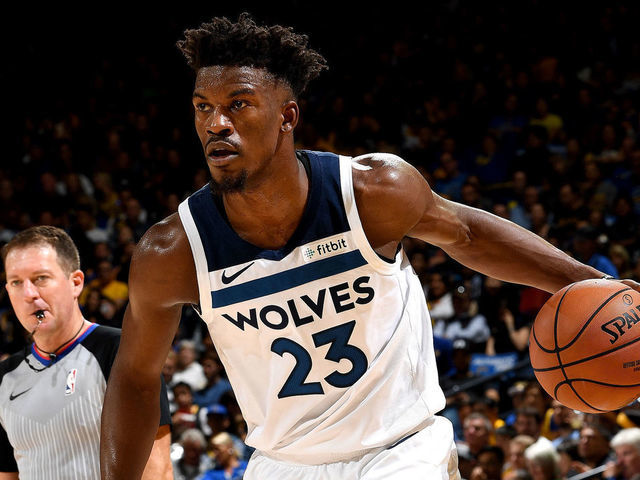 OAKLAND, CA - NOVEMBER 2: Jimmy Butler #23 of the Minnesota Timberwolves handles the ball against the Golden State Warriors on November 2, 2018 at ORACLE Arena in Oakland, California. Mandatory Copyright Notice: Copyright 2018 NBAE