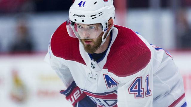 OTTAWA, ON - SEPTEMBER 29: Montreal Canadiens left wing Paul Byron (41) prepares for a face-off during third period National Hockey League preseason action between the Montreal Canadiens and Ottawa Senators on September 29, 2018, at Canadian Tire Centre in Ottawa, ON, Canada.
