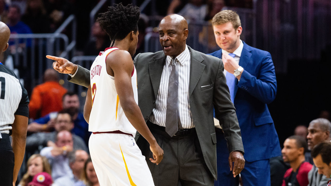 CLEVELAND, OH - OCTOBER 30: Collin Sexton #2 of the Cleveland Cavaliers listens to Acting head coach Larry Drew during the first quarter against the Atlanta Hawks at Quicken Loans Arena on October 30, 2018 in Cleveland, Ohio. NOTE TO USER: User expressly acknowledges and agrees that, by downloading and/or using this photograph, user is consenting to the terms and conditions of the Getty Images License Agreement.