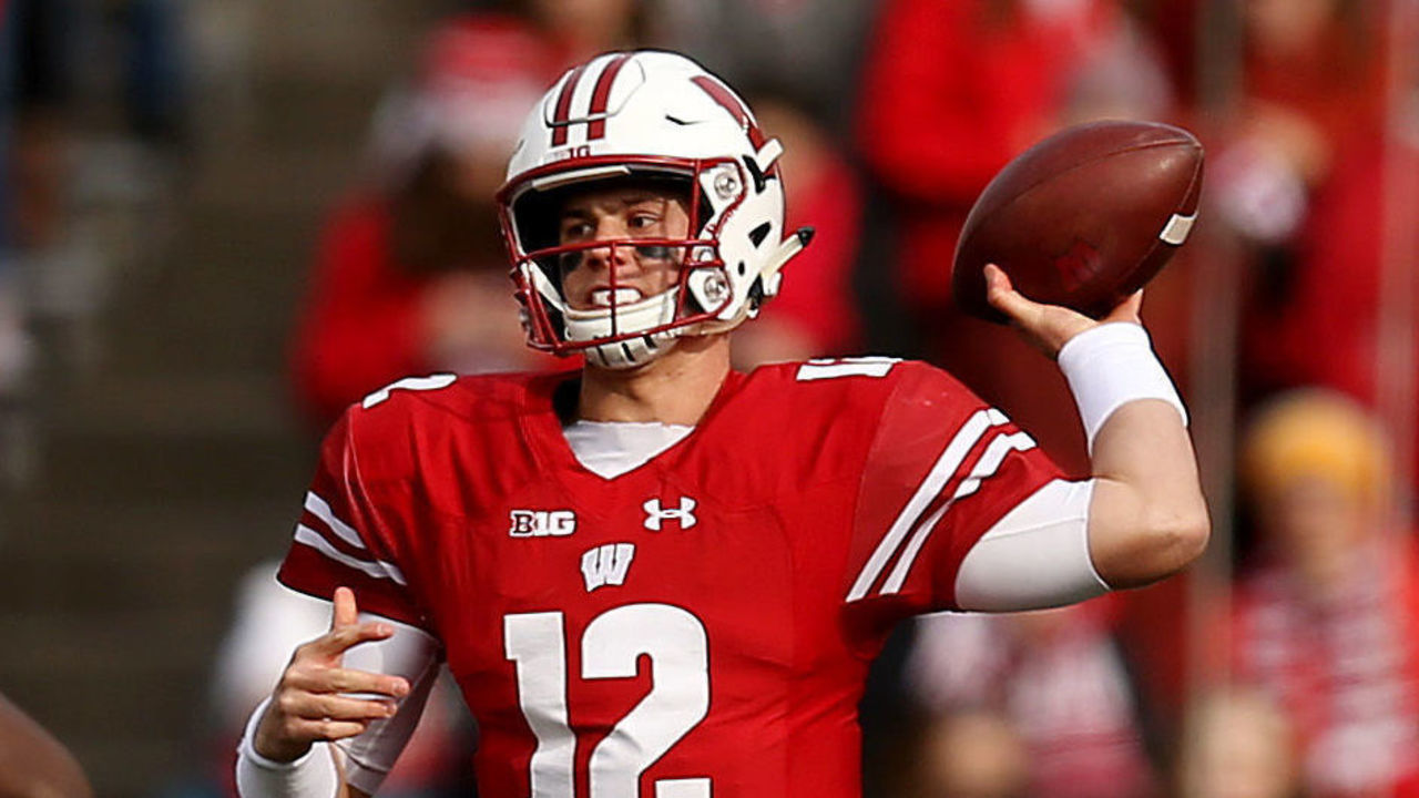 MADISON, WISCONSIN - NOVEMBER 03: Alex Hornibrook #12 of the Wisconsin Badgers throws a pass in the first quarter against the Rutgers Scarlet Knights at Camp Randall Stadium on November 03, 2018 in Madison, Wisconsin.