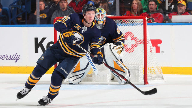 BUFFALO, NY - OCTOBER 30: Rasmus Dahlin #26 of the Buffalo Sabres skates against the Calgary Flames during an NHL game on October 30, 2018 at KeyBank Center in Buffalo, New York.