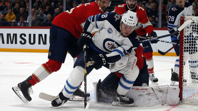 HELSINKI, FIN - NOVEMBER 1: Brendan Lemieux #48 of the Winnipeg Jets tangles with Alex Petrovic #6 of the Florida Panthers in the 2018 NHL Global Series at the Hartwall Arena on November 1, 2018 in Helsinki, Finland.