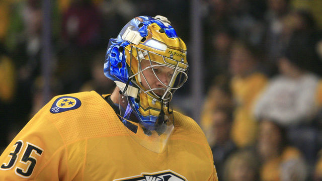 NASHVILLE, TN - OCTOBER 15: The artwork on the mask of Nashville Predators goalie Pekka Rinne (35) is shown during the NHL game between the Nashville Predators and the Minnesota Wild, held on October 15, 2018, at Bridgestone Arena in Nashville, Tennessee.