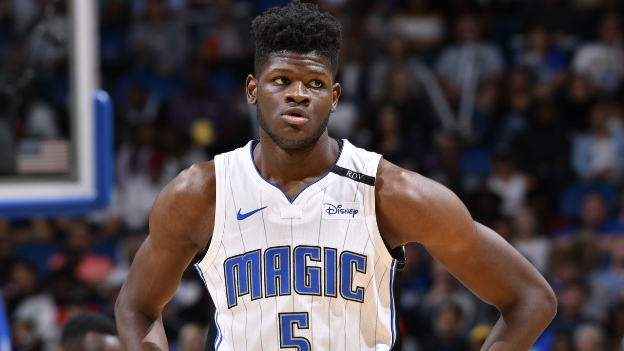 ORLANDO, FL - OCTOBER 25: Mohamed Bamba #5 of the Orlando Magic looks on during the game against the Portland Trail Blazers on October 25, 2018 at Amway Center in Orlando, Florida. NOTE TO USER: User expressly acknowledges and agrees that, by downloading and/or using this photograph, user is consenting to the terms and conditions of the Getty Images License Agreement. Mandatory Copyright Notice: Copyright 2018 NBAE