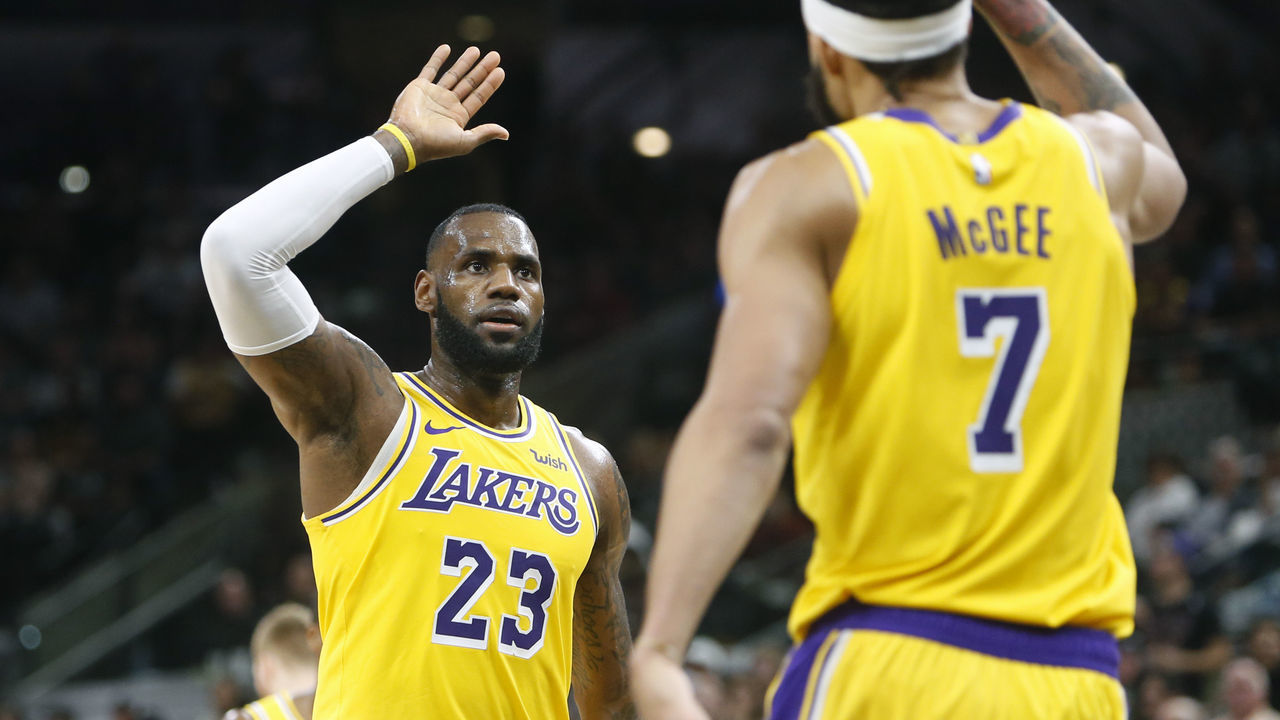 SAN ANTONIO,TX - OCTOBER 27: LeBron James #23 of the Los Angeles Lakers high fives JaVale McGee #7 of the Los Angeles Lakers after a alley opps pass against the San Antonio Spurs at AT&T Center on October 27 , 2018 in San Antonio, Texas. NOTE TO USER: User expressly acknowledges and agrees that , by downloading and or using this photograph, User is consenting to the terms and conditions of the Getty Images License Agreement.