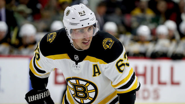 RALEIGH, NC - OCTOBER 30: Brad Marchand #63 of the Boston Bruins skates for position on the ice during an NHL game against the Carolina Hurricanes on October 30, 2018 at PNC Arena in Raleigh, North Carolina.