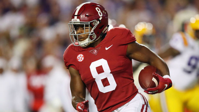 BATON ROUGE, LOUISIANA - NOVEMBER 03: Josh Jacobs #8 of the Alabama Crimson Tide carries the ball against the LSU Tigers in the first quarter of their game at Tiger Stadium on November 03, 2018 in Baton Rouge, Louisiana.