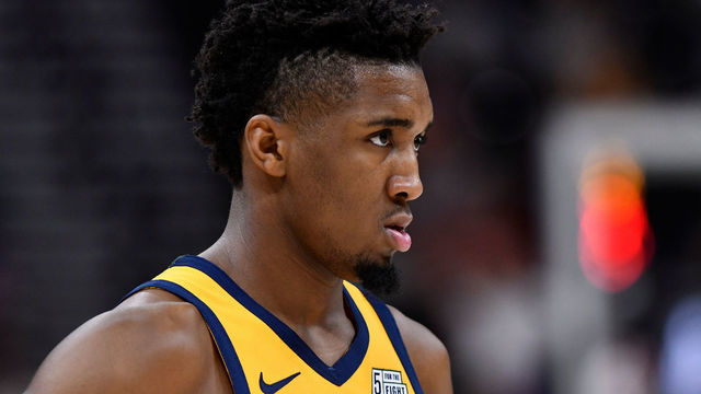 SALT LAKE CITY, UT - OCTOBER 22: Donovan Mitchell #45 of the Utah Jazz looks on in the first half of a NBA game against the Memphis Grizzlies at Vivint Smart Home Arena on October 22, 2018 in Salt Lake City, Utah.