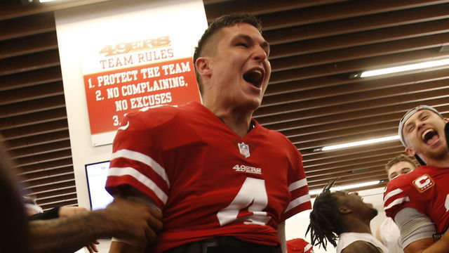 SANTA CLARA, CA - NOVEMBER 1: Nick Mullens #4 of the San Francisco 49ers is celebrate by teammates in the locker room following the game against the Oakland Raiders at Levi's Stadium on November 1, 2018 in Santa Clara, California. The 49ers defeated the Raiders 34-3.