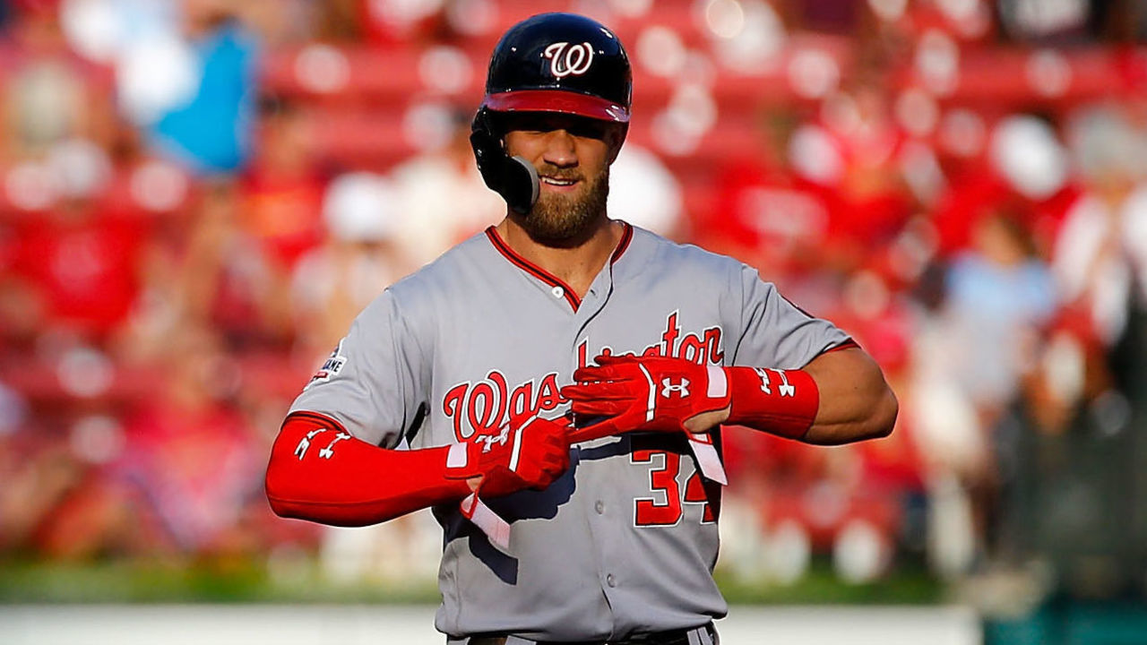 ST. LOUIS, MO - AUGUST 16: Bryce Harper #34 of the Washington Nationals stands on second after hitting an RBI double against the St. Louis Cardinals in the first inning at Busch Stadium on August 16, 2018 in St. Louis, Missouri.
