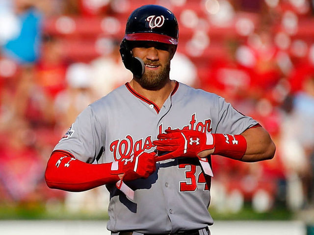 ST. LOUIS, MO - AUGUST 16: Bryce Harper #34 of the Washington Nationals stands on second after hitting an RBI double against the St. Louis Cardinals in the first inning at Busch Stadium on August 16, 2018 in St. Louis, Missouri.
