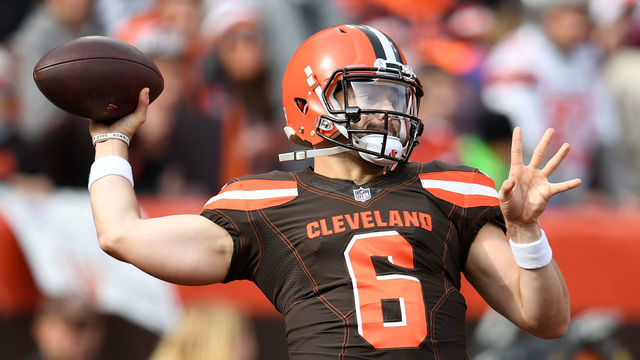 CLEVELAND, OH - NOVEMBER 04: Baker Mayfield #6 of the Cleveland Browns warms up prior to the game against the Kansas City Chiefs at FirstEnergy Stadium on November 4, 2018 in Cleveland, Ohio.