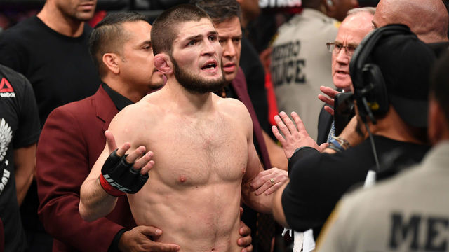 LAS VEGAS, NV - OCTOBER 06: Khabib Nurmagomedov of Russia reacts following a post-fight incident during the UFC 229 event inside T-Mobile Arena on October 6, 2018 in Las Vegas, Nevada.