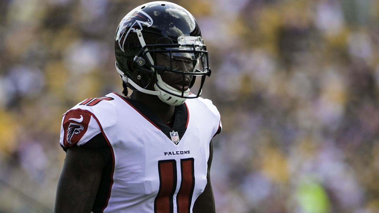PITTSBURGH, PA - OCTOBER 07: Atlanta Falcons wide receiver Julio Jones (11) looks on during the NFL football game between the Atlanta Falcons and the Pittsburgh Steelers on October 7, 2018 at Heinz Field in Pittsburgh, PA.