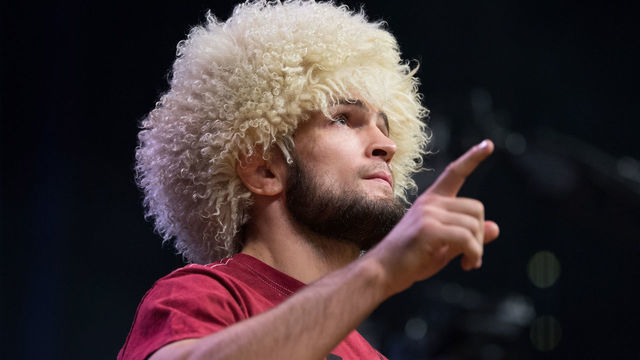 LAS VEGAS, NV - OCTOBER 05: Khabib Nurmagomedov of Russia poses on the scale during the UFC 229 weigh-in inside T-Mobile Arena on October 5, 2018 in Las Vegas, Nevada.