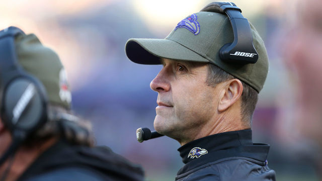 BALTIMORE, MD - NOVEMBER 04: Head Coach John Harbaugh of the Baltimore Ravens looks on from the sidelines during the fourth quarter against the Pittsburgh Steelers at M&T Bank Stadium on November 4, 2018 in Baltimore, Maryland.