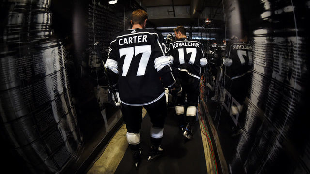 LOS ANGELES, CA - NOVEMBER 1: Jeff Carter #77 and Ilya Kovalchuk #17 of the Los Angeles Kings take the ice for warm-up before the game against the Philadelphia Flyers at STAPLES Center on November 1, 2018 in Los Angeles, California.
