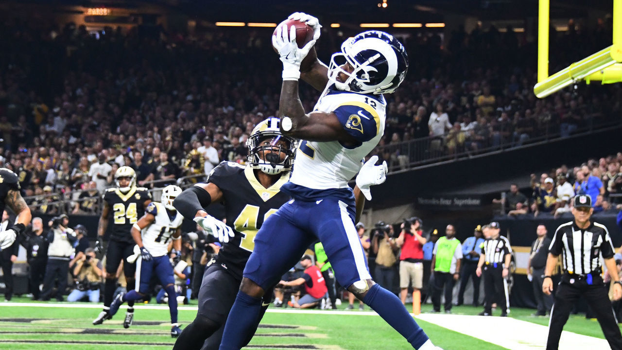 NEW ORLEANS, LA - NOVEMBER 4: Brandin Cooks #12 of the Los Angeles Rams makes a catch for a second quarter touchdown against the New Orleans Saints at the Mercedes Benz Superdome on Noivember 4, 2018 in New Orleans, Louisiana.