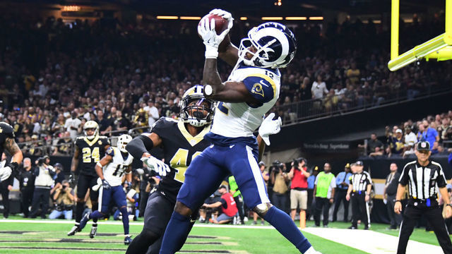 NEW ORLEANS, LA - NOVEMBER 4: Brandin Cooks #12 of the Los Angeles Rams makes a catch for a second quarter touchdown against the New Orleans Saints at the Mercedes Benz Superdome on Noivember 4, 2018 in New Orleans, Louisiana.