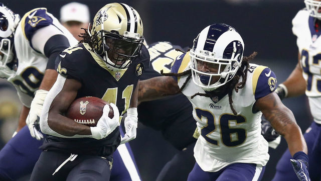 NEW ORLEANS, LA - NOVEMBER 04: Alvin Kamara #41 of the New Orleans Saints carries the ball during the second quarter of the game against the Los Angeles Rams at Mercedes-Benz Superdome on November 4, 2018 in New Orleans, Louisiana.