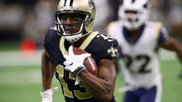 NEW ORLEANS, LA - NOVEMBER 04: Michael Thomas #13 of the New Orleans Saints runs for a touchdown during the fourth quarter of the game against the Los Angeles Rams at Mercedes-Benz Superdome on November 4, 2018 in New Orleans, Louisiana.