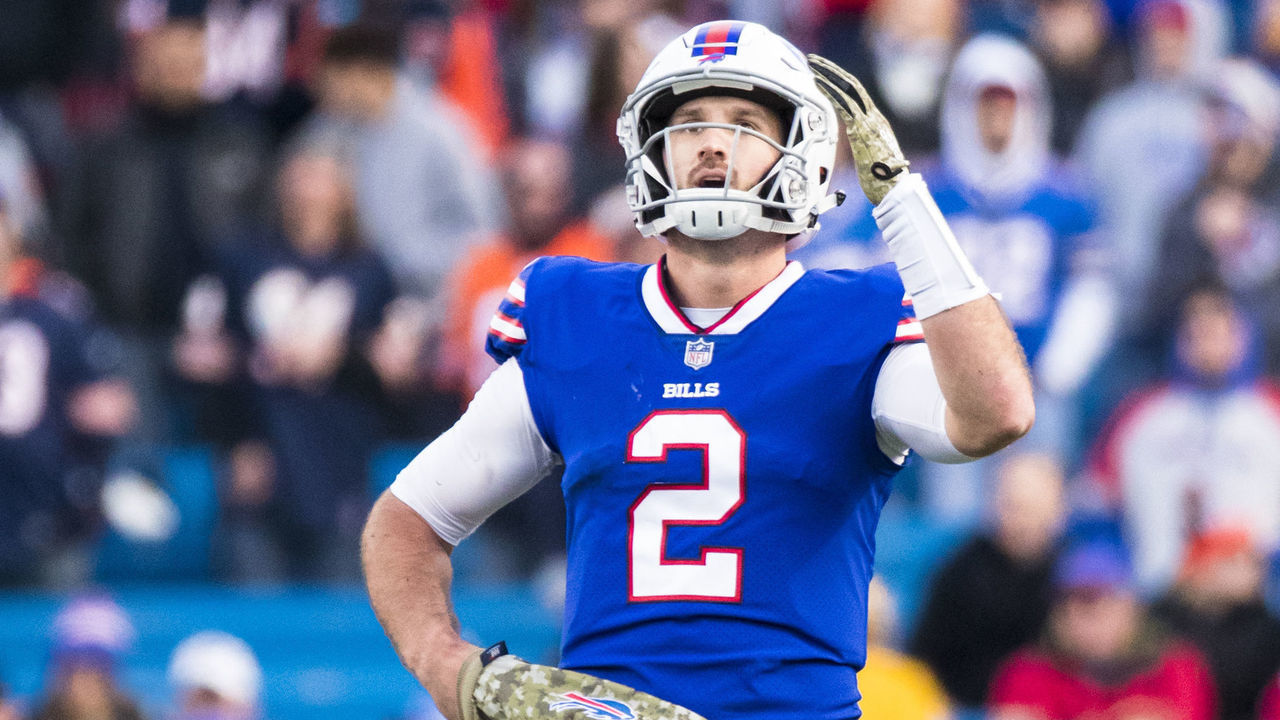ORCHARD PARK, NY - NOVEMBER 04: Nathan Peterman #2 of the Buffalo Bills reacts to being called for intentional grounding during the fourth quarter against the Chicago Bears at New Era Field on November 4, 2018 in Orchard Park, New York.
