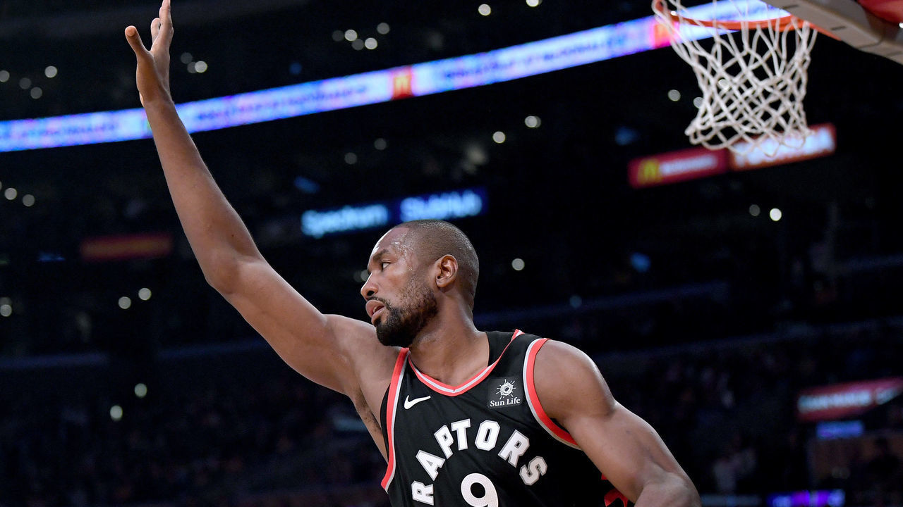 LOS ANGELES, CA - NOVEMBER 04: Serge Ibaka #9 of the Toronto Raptors celebrates his dunk during the first half against the Los Angeles Lakers at Staples Center on November 4, 2018 in Los Angeles, California.