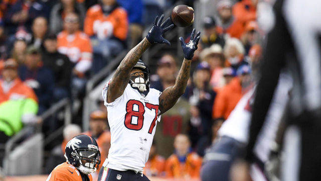 DENVER, CO - NOVEMBER 4: Demaryius Thomas (87) of the Houston Texans makes his second reception for the Texans during the first half against the Denver Broncos at Broncos Stadium at Mile High on Sunday, November 4, 2019.