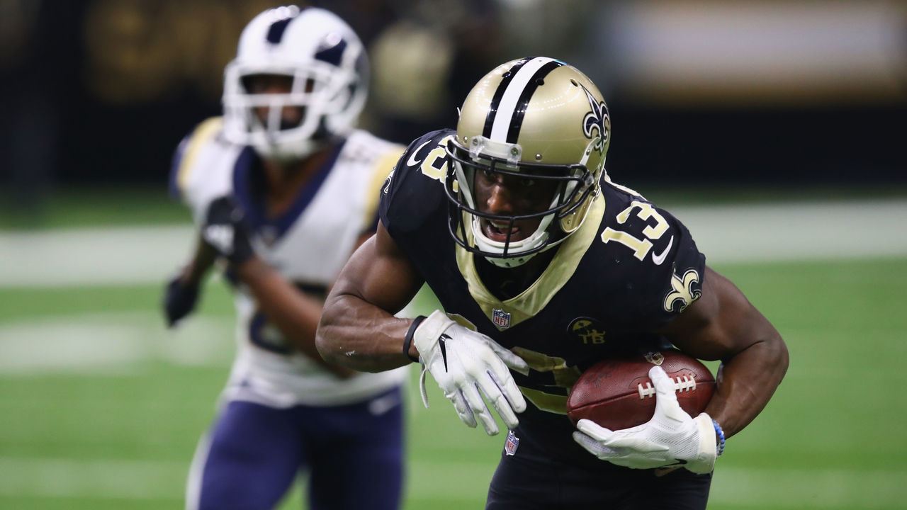 NEW ORLEANS, LA - NOVEMBER 04: Michael Thomas #13 of the New Orleans Saints makes a touchdown catch from Drew Brees #9 (not pictured) during the fourth quarter of the game against the Los Angeles Rams at Mercedes-Benz Superdome on November 4, 2018 in New Orleans, Louisiana.