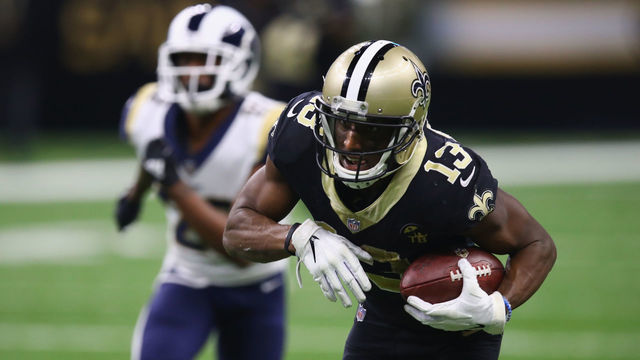 NEW ORLEANS, LA - NOVEMBER 04: Michael Thomas #13 of the New Orleans Saints makes a touchdown catch from Drew Brees #9 (not pictured) during the fourth quarter of the game against the Los Angeles Rams at Mercedes-Benz Superdome on November 4, 2018 in New Orleans, Louisiana.