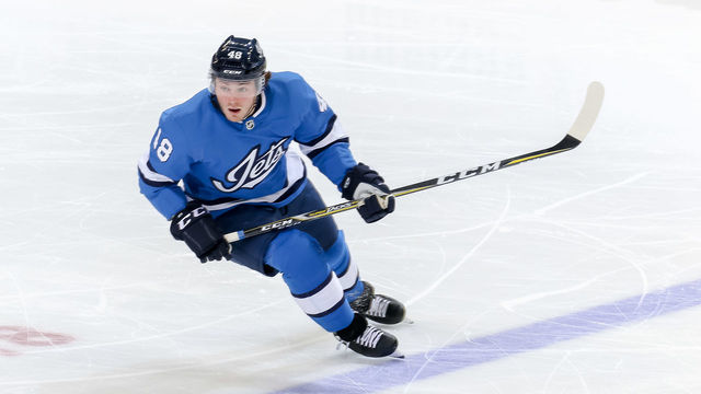 WINNIPEG, MB - OCTOBER 20: Brendan Lemieux #48 of the Winnipeg Jets keeps an eye on the play during second period action against the Arizona Coyotes at the Bell MTS Place on October 20, 2018 in Winnipeg, Manitoba, Canada. The Jets defeated the Coyotes 5-3.