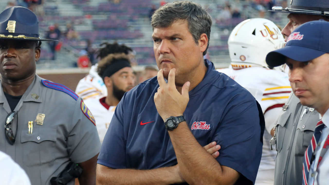 OXFORD, MS - OCTOBER 06: Ole Miss Rebels head coach Matt Luke after the game between Ole Miss Rebels and Louisiana Monroe Warhawks on Saturday, October 6, 2018 at Vaught-Hemingway Stadium in Oxford, MS.