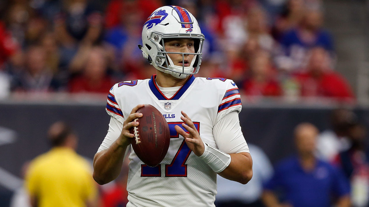 HOUSTON, TX - OCTOBER 14: Josh Allen #17 of the Buffalo Bills looks for a receiver against the Houston Texans at NRG Stadium on October 14, 2018 in Houston, Texas.
