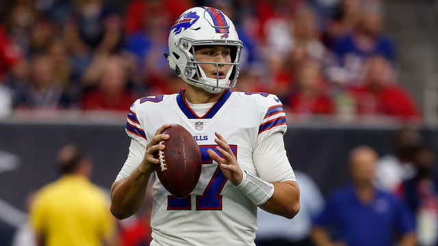 HOUSTON, TX - OCTOBER 14: Josh Allen #17 of the Buffalo Bills looks for a receiver against the Houston Texans at NRG Stadium on October 14, 2018 in Houston, Texas.