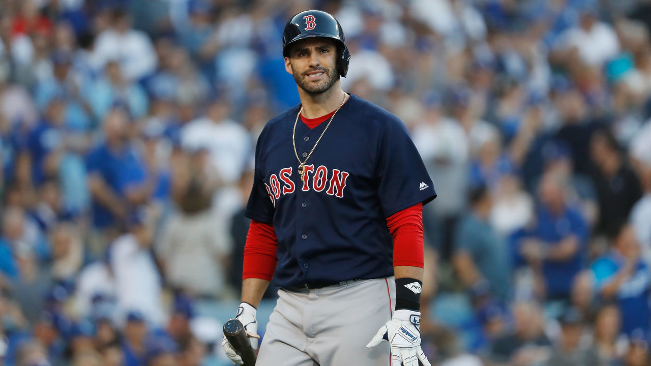 LOS ANGELES, CA - OCTOBER 27: J.D. Martinez #28 of the Boston Red Sox looks on after striking out swinging in the first inning of Game Four of the 2018 World Series against the Los Angeles Dodgers at Dodger Stadium on October 27, 2018 in Los Angeles, California.