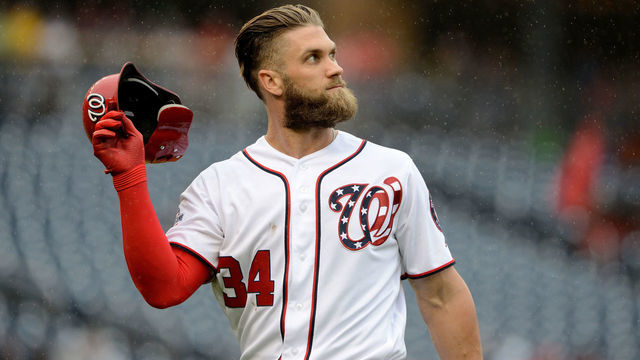 WASHINGTON, DC - SEPTEMBER 23: Bryce Harper #34 of the Washington Nationals reacts after making an out against the New York Mets at Nationals Park on September 23, 2018 in Washington, DC.