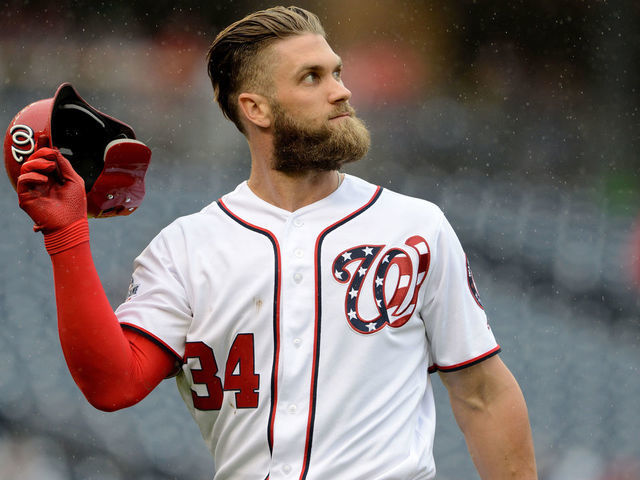 WASHINGTON, DC - SEPTEMBER 23: Bryce Harper #34 of the Washington Nationals reacts after making an out against the New York Mets at Nationals Park on September 23, 2018 in Washington, DC.