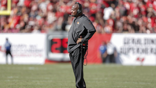 TAMPA, FL - OCTOBER 21: Head coach Hue Jackson of the Cleveland Browns on the sidelines during a game against the Tampa Bay Buccaneers at Raymond James Stadium on October 21, 2018 in Tampa, Florida. The Buccaneers defeated the Browns 26-23 in overtime.