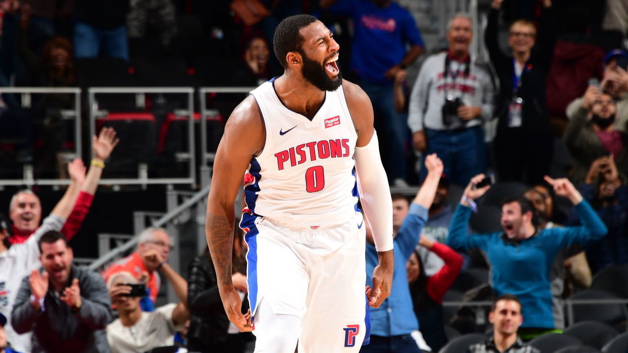 DETROIT, MI - NOVEMBER 5: Andre Drummond #0 of the Detroit Pistons reacts to the game-tying shot against the Miami Heat to send it into over-time on November 5, 2018 at Little Caesars Arena in Detroit, Michigan. NOTE TO USER: User expressly acknowledges and agrees that, by downloading and/or using this photograph, User is consenting to the terms and conditions of the Getty Images License Agreement. Mandatory Copyright Notice: Copyright 2018 NBAE