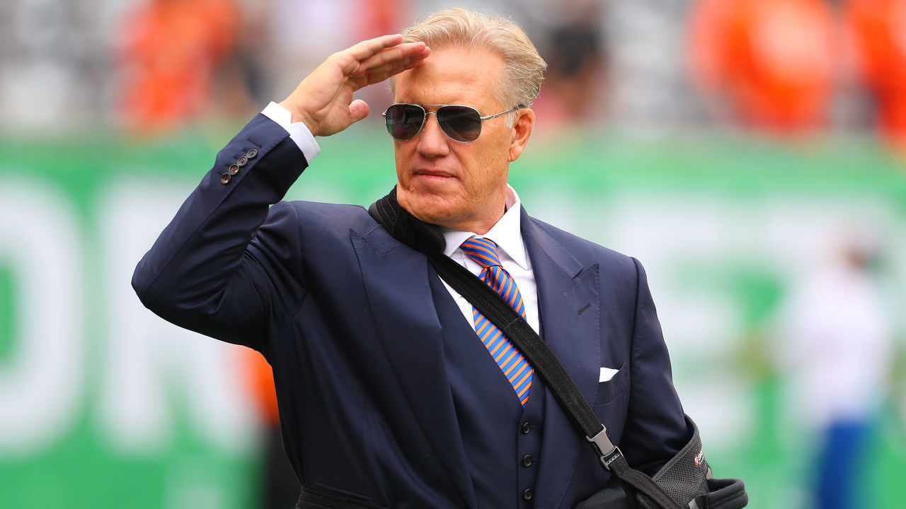 EAST RUTHERFORD, NJ - OCTOBER 07: John Elway general manager and president of football operations of the Denver Broncos prior to the National Football League game between the New York Jets and the Denver Broncos on October 7, 2018 at MetLife Stadium in East Rutherford, NJ.