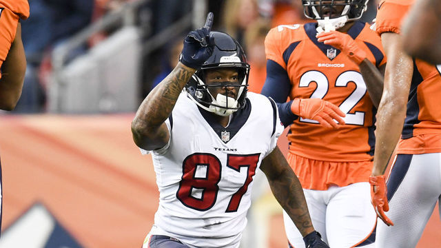 DENVER, CO - NOVEMBER 4: Demaryius Thomas (87) of the Houston Texans celebrates making his second reception for the Texans during the first half against the Denver Broncos at Broncos Stadium at Mile High on Sunday, November 4, 2019.
