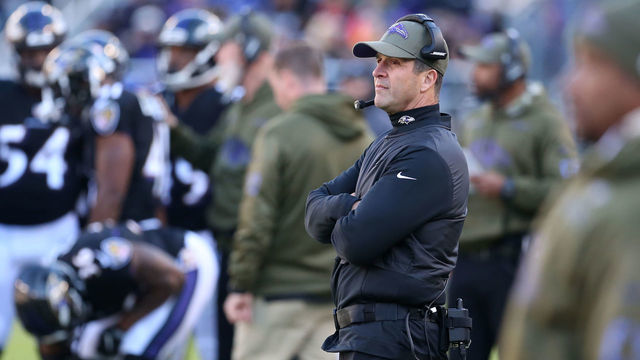 BALTIMORE, MD - NOVEMBER 04: Head Coach John Harbaugh of the Baltimore Ravens looks on from the sidelines during the third quarter against the Pittsburgh Steelers at M&T Bank Stadium on November 4, 2018 in Baltimore, Maryland.