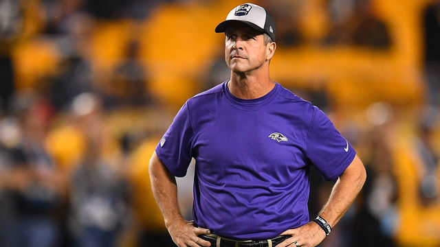PITTSBURGH, PA - SEPTEMBER 30: head coach John Harbaugh of the Baltimore Ravens looks on during warmups before the game against the Pittsburgh Steelers at Heinz Field on September 30, 2018 in Pittsburgh, Pennsylvania.