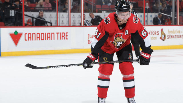 OTTAWA, ON - OCTOBER 23: Mark Stone #61 of the Ottawa Senators skates against the Boston Bruins at Canadian Tire Centre on October 23, 2018 in Ottawa, Ontario, Canada.