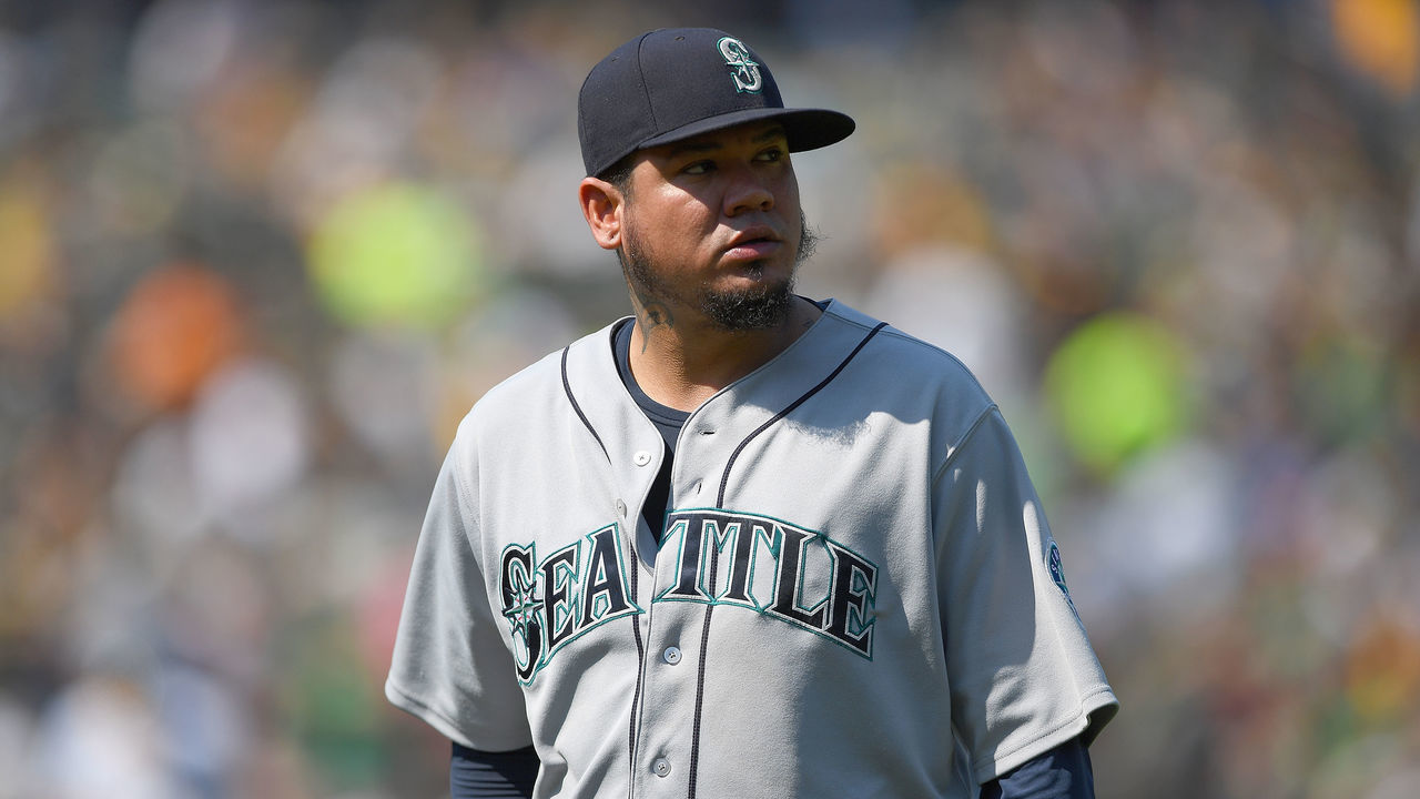 OAKLAND, CA - SEPTEMBER 02: Felix Hernandez #34 of the Seattle Mariners looks on as he walks back to the dugout after he was taken out of the game against the Oakland Athletics in the bottom of the six inning at Oakland Alameda Coliseum on September 2, 2018 in Oakland, California.