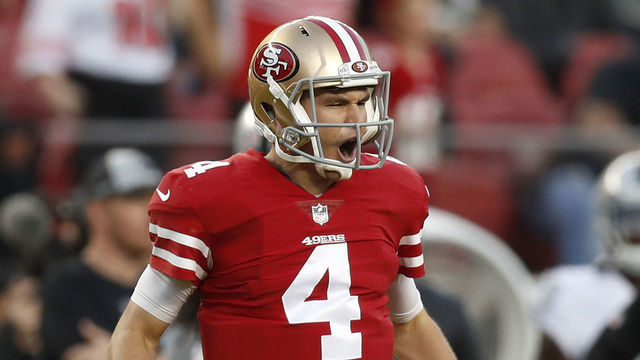 SANTA CLARA, CA - NOVEMBER 01: San Francisco 49ers starting quarterback Nick Mullens #4 celebrates his touchdown pass against the Oakland Raiders in the first quarter at Levi's Stadium on Thursday, Nov. 1, 2018 in Santa Clara, California. (Nhat V. Meyer/Digital First Media/The Mercury News via Getty Images)