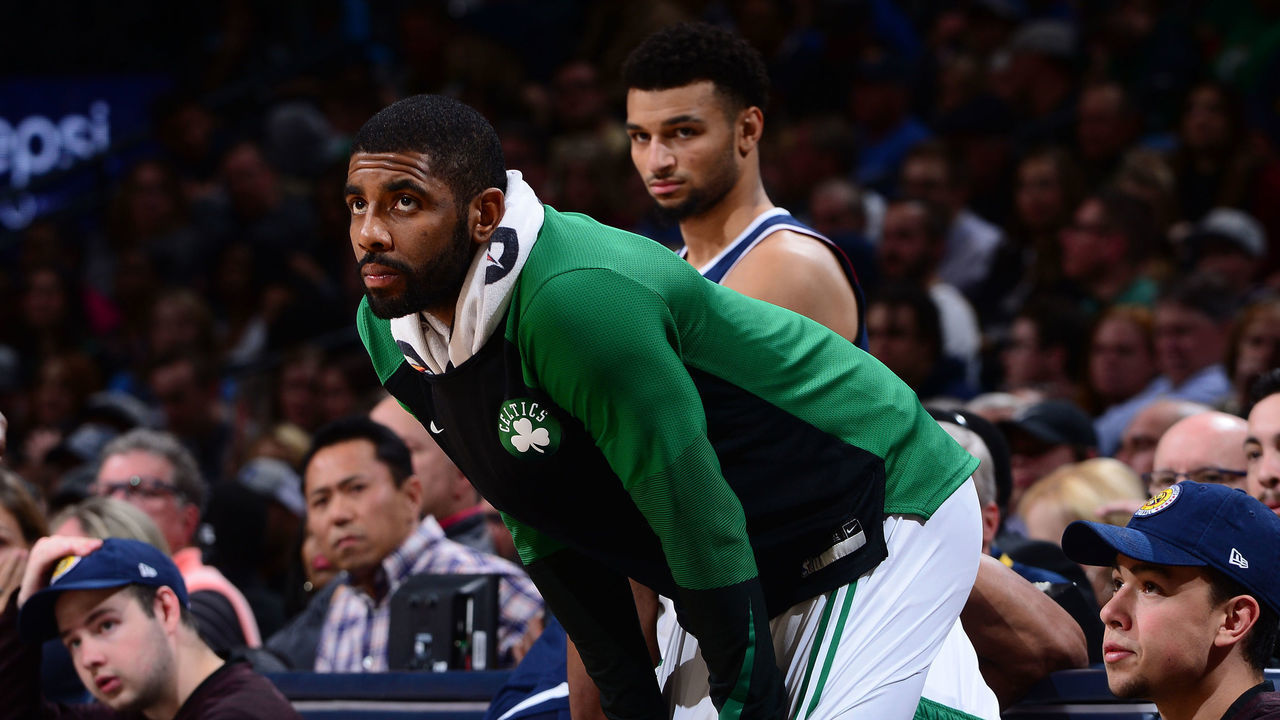 DENVER, CO - NOVEMBER 5: Kyrie Irving #11 of the Boston Celtics looks on during the game against the Denver Nuggets on November 5, 2018 at the Pepsi Center in Denver, Colorado. NOTE TO USER: User expressly acknowledges and agrees that, by downloading and/or using this photograph, user is consenting to the terms and conditions of the Getty Images License Agreement. Mandatory Copyright Notice: Copyright 2018 NBAE