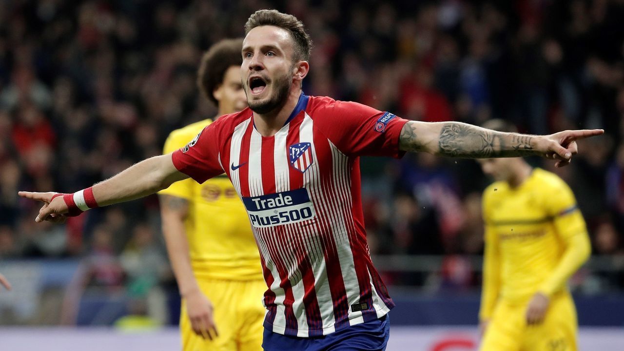 MADRID, SPAIN - NOVEMBER 06: Saul Niguez of Atletico Madrid celebrates after scoring a goal during the UEFA Champions League Group A soccer match between Atletico Madrid and Borussia Dortmund at Wanda Metropolitano Stadium in Madrid, Spain on November 06, 2018.