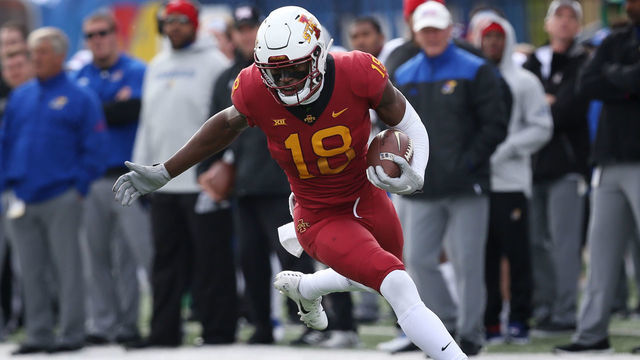 LAWRENCE, KS - NOVEMBER 03: Iowa State Cyclones wide receiver Hakeem Butler (18) runs after the catch in the third quarter of a Big 12 football game between the Iowa State Cyclones and Kansas Jayhawks on November 3, 2018 at Memorial Stadium in Lawrence, KS.