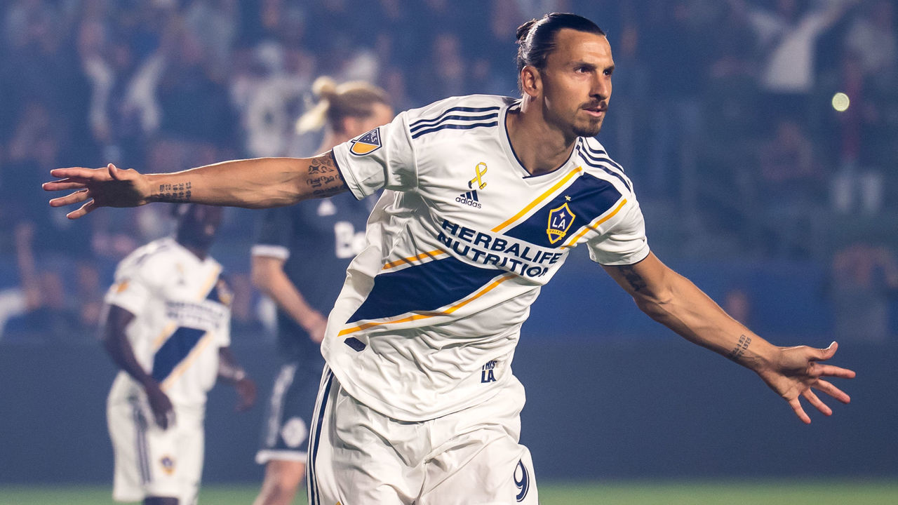 CARSON, CA - SEPTEMBER 29: Zlatan Ibrahimovic #9 of Los Angeles Galaxy celebrates his penalty kick goal during the Los Angeles Galaxy's MLS match against Vancouver Whitecaps at the StubHub Center on September 29, 2018 in Carson, California. The Los Angeles Galaxy won the match 3-0